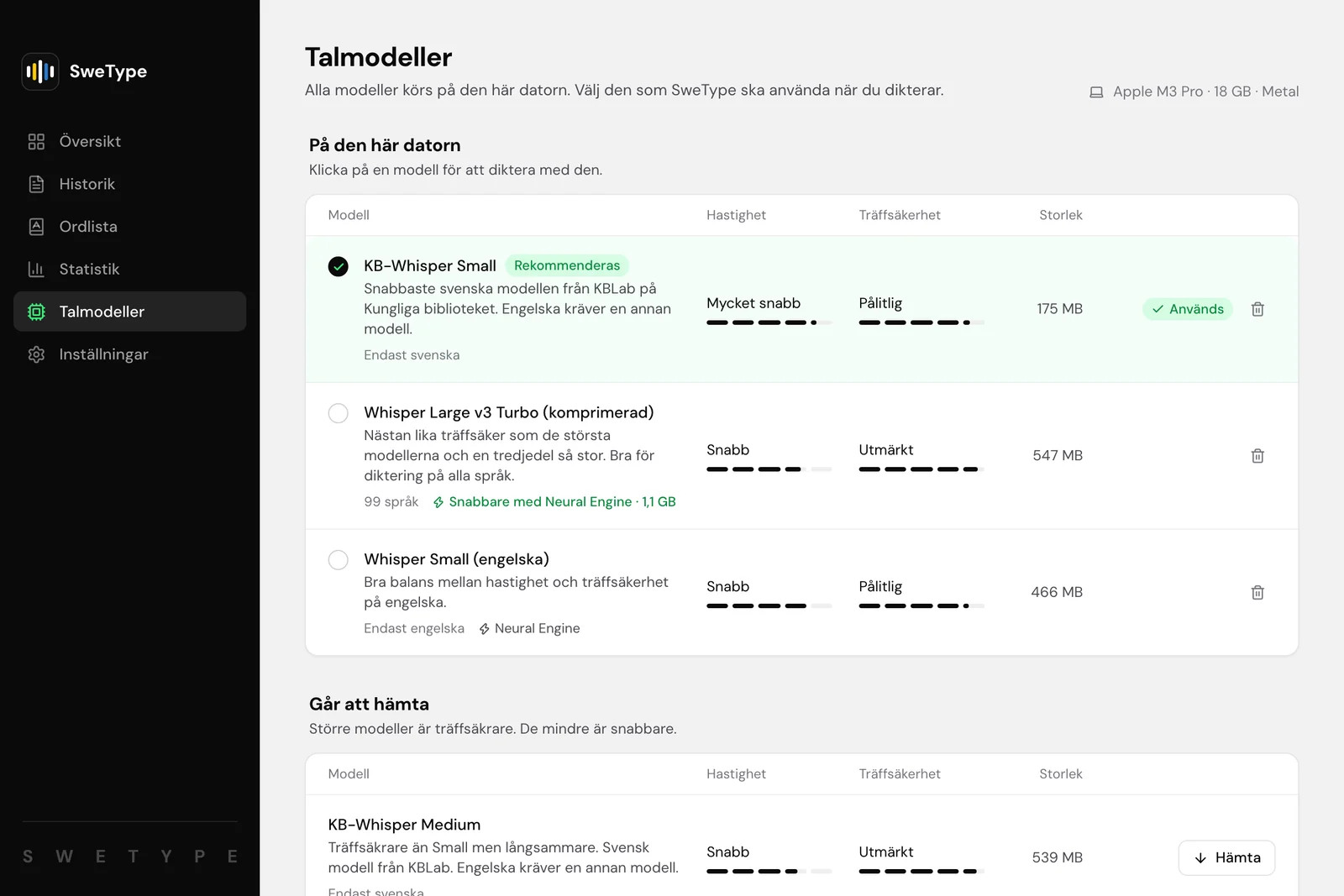 Talmodeller i SweType. KB-Whisper Small är vald och märkt Rekommenderas.